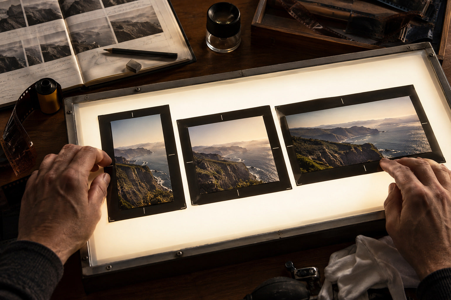 Editor comparing vertical, square and widescreen framing prints