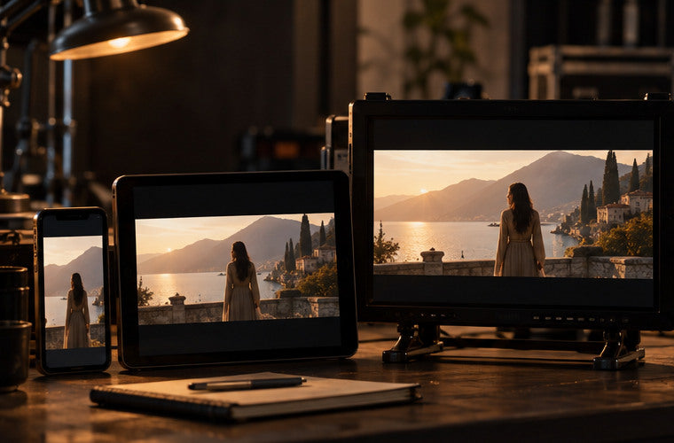 Phone, tablet and reference monitor showing one cinematic frame