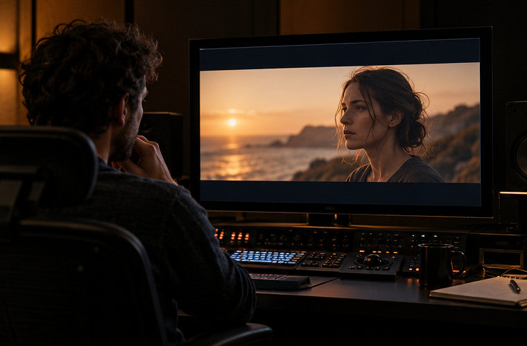 Final graded film frame on a professional reference monitor