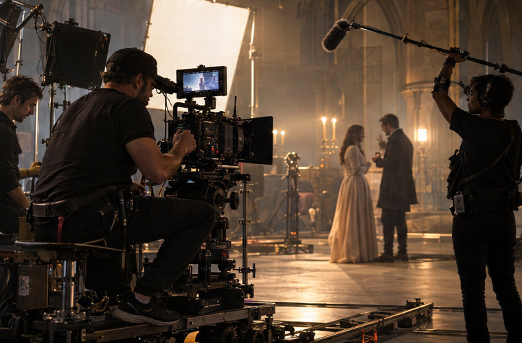 Large studio spotlight and cinema camera during production