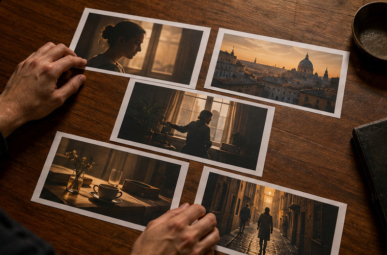 Five printed film contact frames arranged on a wooden table