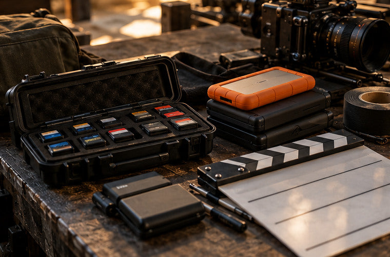 Organized production media cases, camera drives and a slate