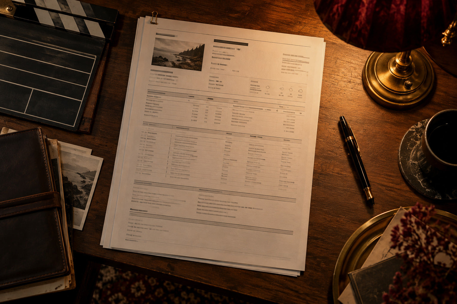 Printed production call sheet beside a clapperboard under warm studio light
