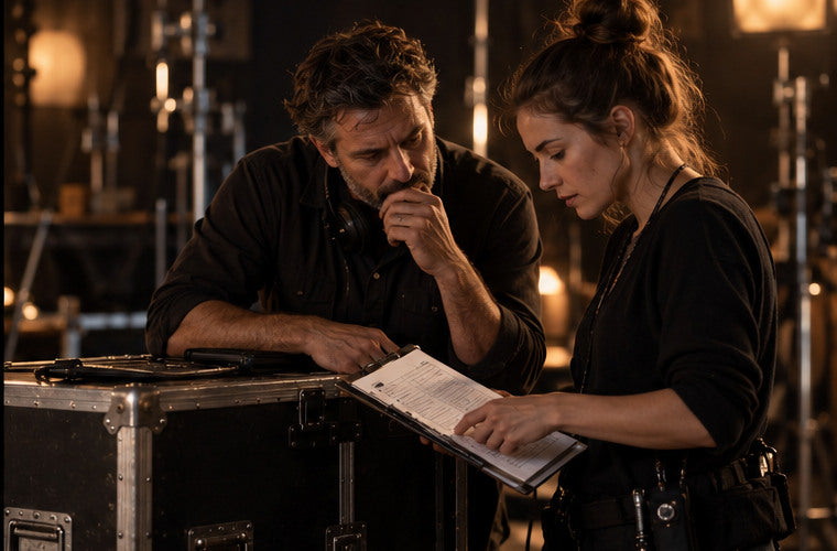 Two people reviewing a delivery checklist and media case