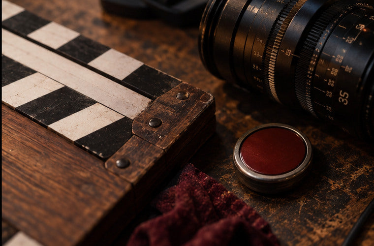 Wooden clapperboard and recording button