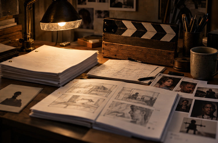 Script, set sketches and wooden clapperboard under a desk lamp