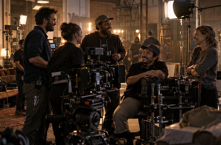 Full production crew gathered among set pieces after filming