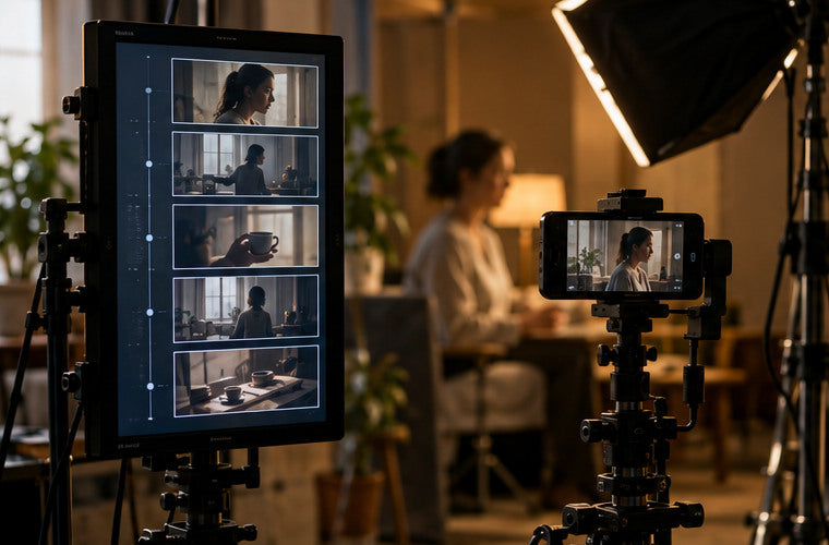 Vertical production monitor showing a detailed storyboard