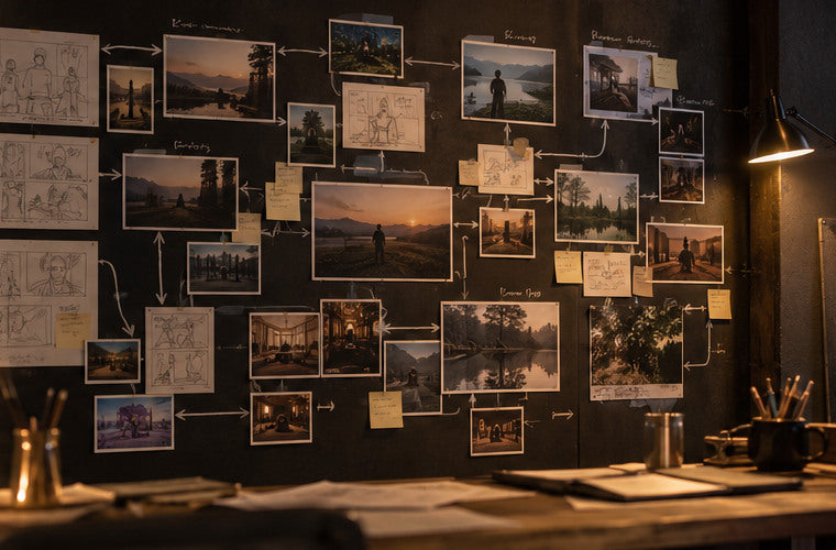 Physical storyboard wall with sketches and production photographs