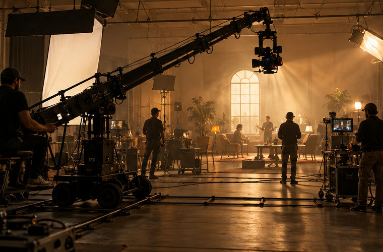 Panoramic cinema production set with sculpted spotlight beams
