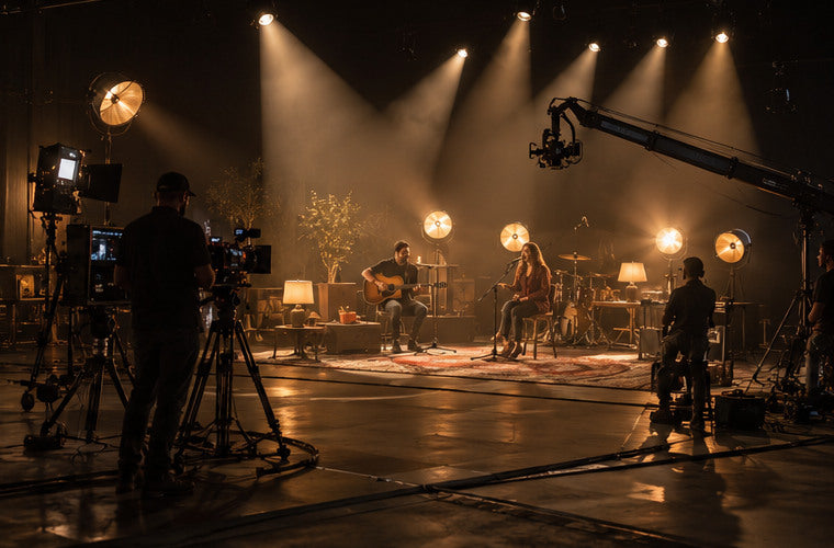Stage with warm spotlights directed into a dark auditorium