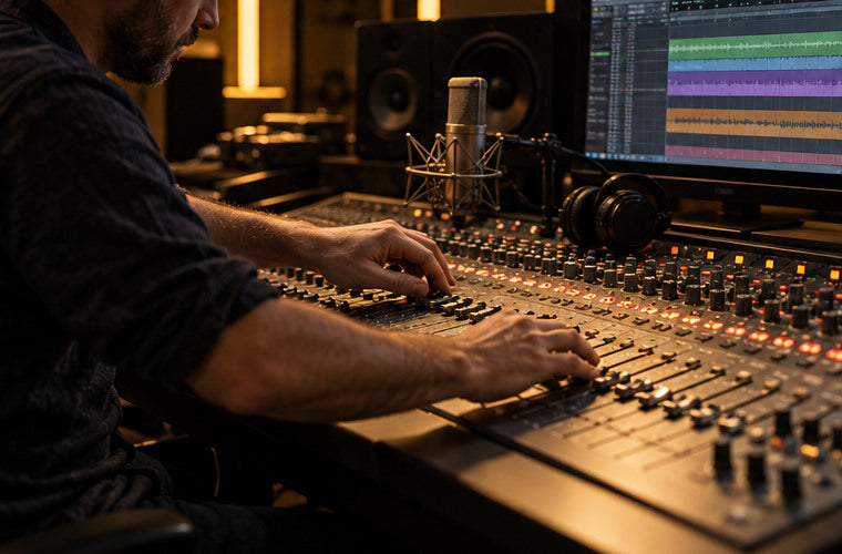 Sound engineer adjusting analog faders beside a studio microphone