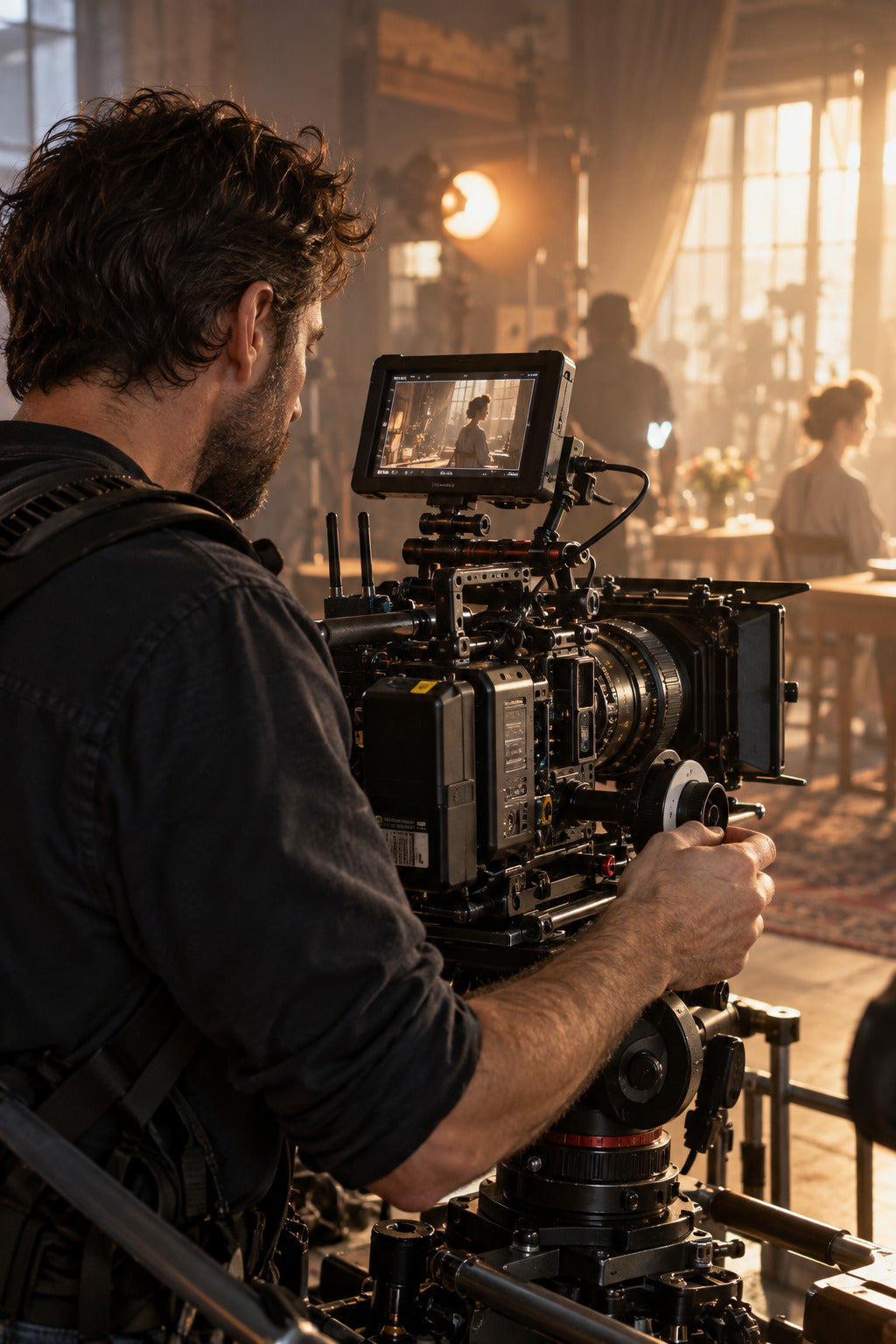 Cinematographer operating a cinema camera through warm studio haze